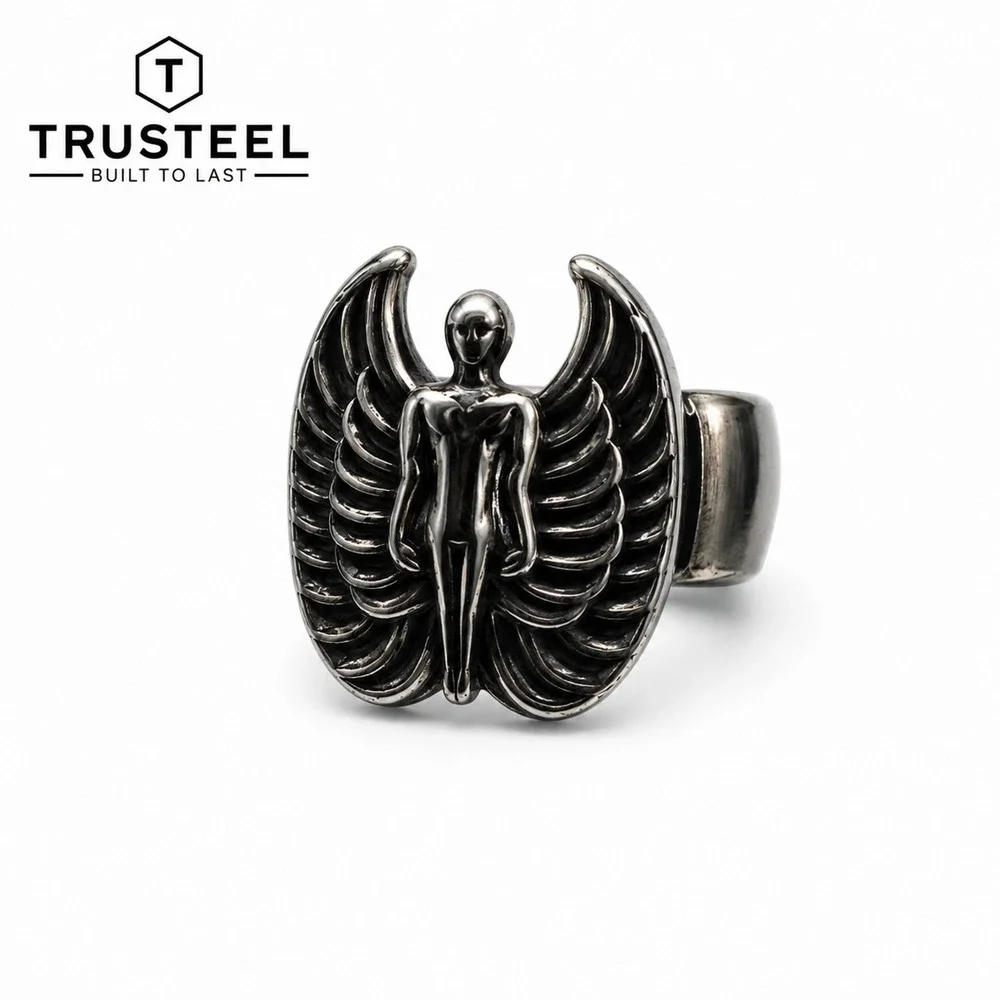 Men’s Stainless Steel Angel Wings Ring Gothic Biker Guardian Statement Size 9